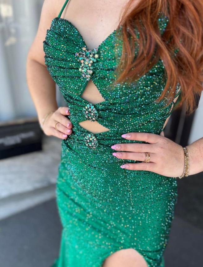 Dazzling Green Mermaid Straps Exquisite Beaded Satin Slit Long Prom Dress Evening Dress SH7232