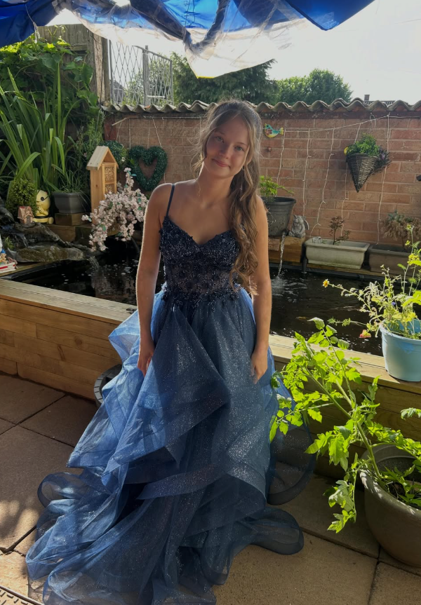 Navy Blue A Line Spaghetti Strap Appliques Ruffle Tulle Prom Dress Birthday Dress SH9014