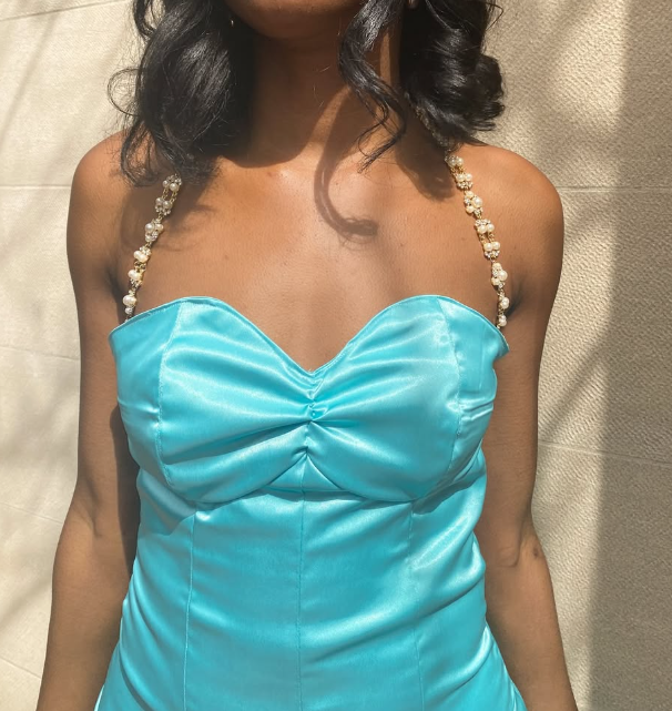 Cute Blue A Line Pearl Spaghetti Strap Satin Homecoming Dress Cocktail Dress SH4000