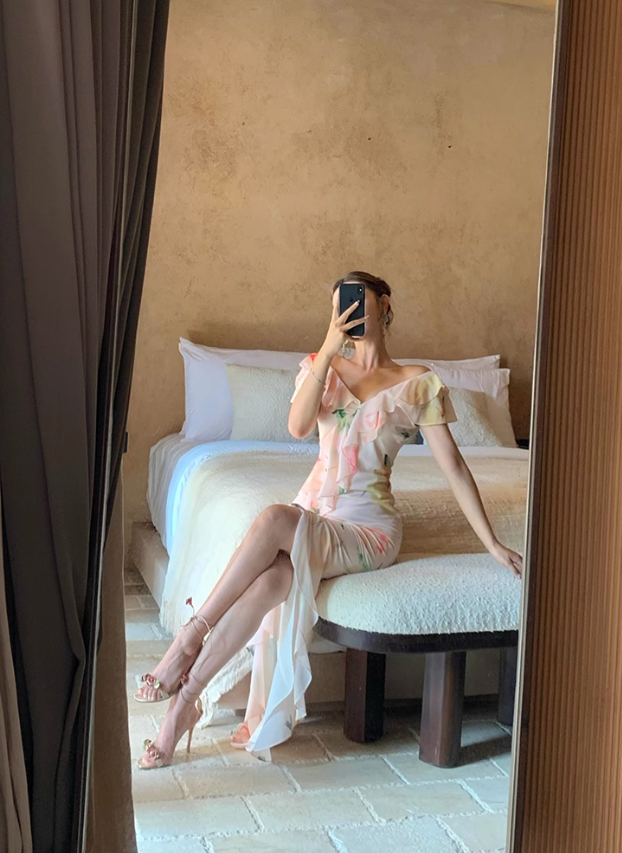 Light Pink Mermaid V Neck Print Floral Ruffle Chiffon Summer Dress Party Dress Outfits with Slit SH4174