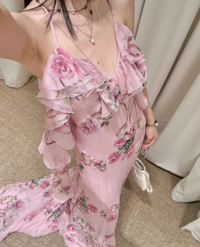 Flowy Pink A Line Spaghetti Strap Print Floral Chiffon Open Back Prom Dress Vacation Dress SH3985