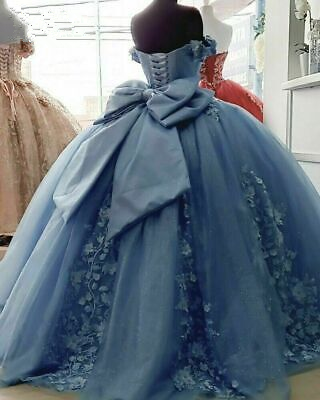 Sweetheart Tulle Applique Quinceanera Dresses Blue Off Shoulder Formal Prom Dress SH805