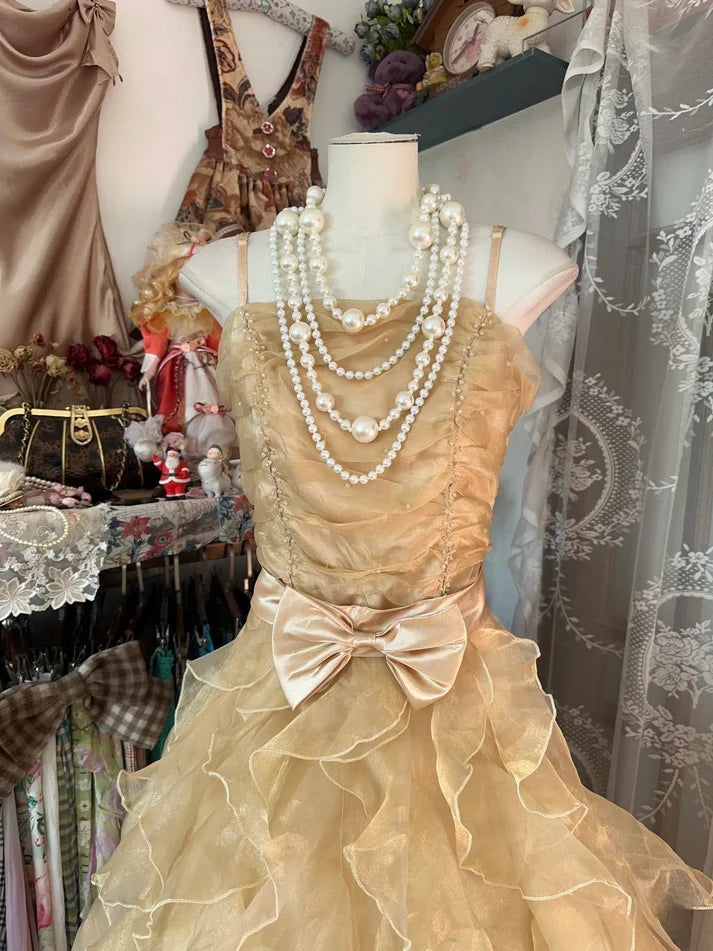 Princess A Line Spaghetti Strap Ruffle Golden Tulle Long Party Dress Evening Dress with Bow SH2900
