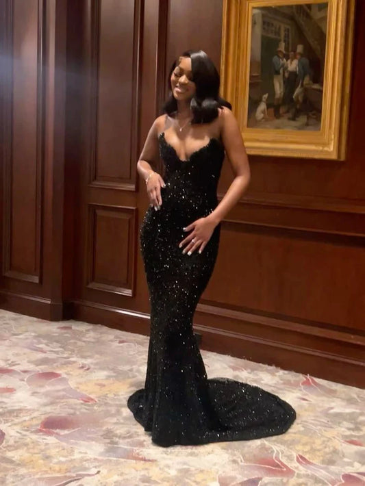 Sexy Mermaid Sweetheart Neck Sequin Slit Black Long Prom Dresses Party Dress SH3504