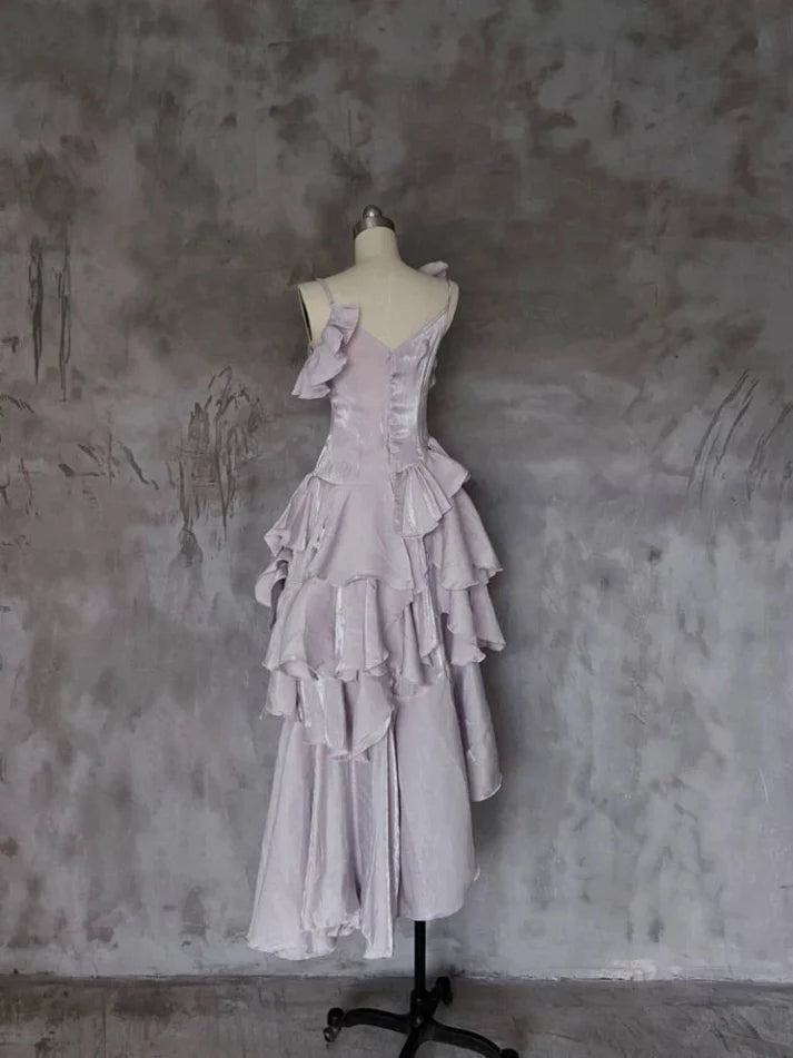 Pretty Irregular Ruffle Spaghetti Straps Light Purple Prom Dresses With Flower Long Birthday Dress SH2897