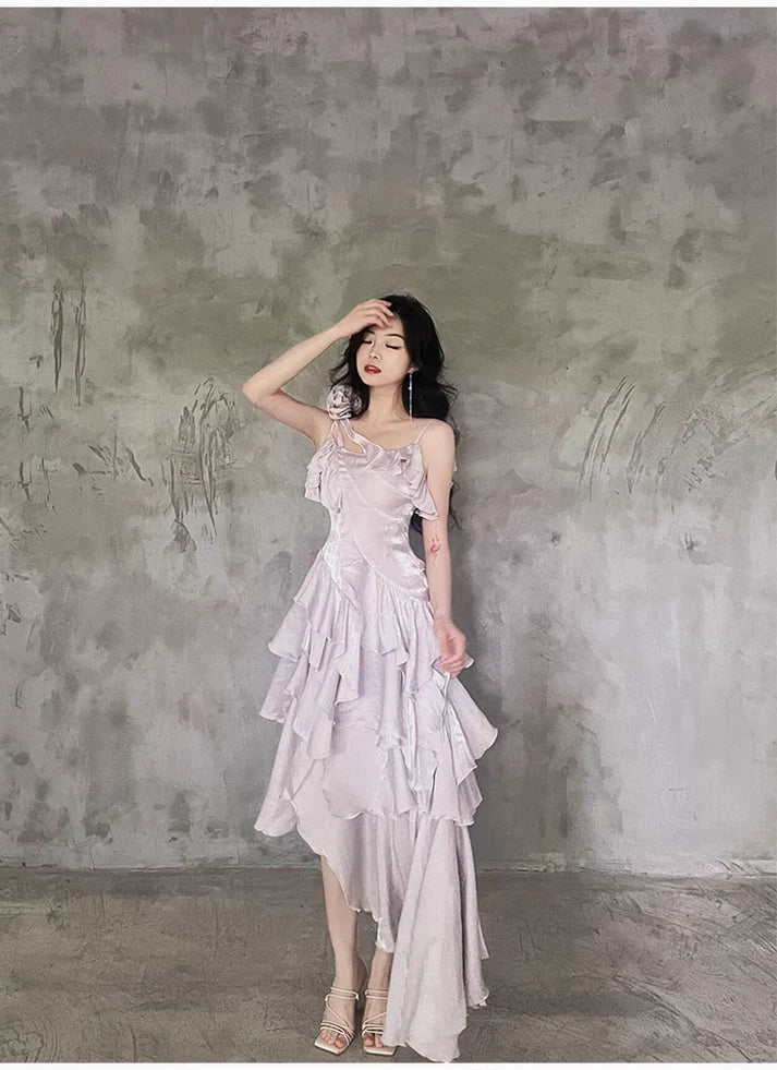 Pretty Irregular Ruffle Spaghetti Straps Light Purple Prom Dresses With Flower Long Birthday Dress SH2897
