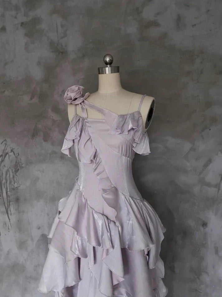 Pretty Irregular Ruffle Spaghetti Straps Light Purple Prom Dresses With Flower Long Birthday Dress SH2897