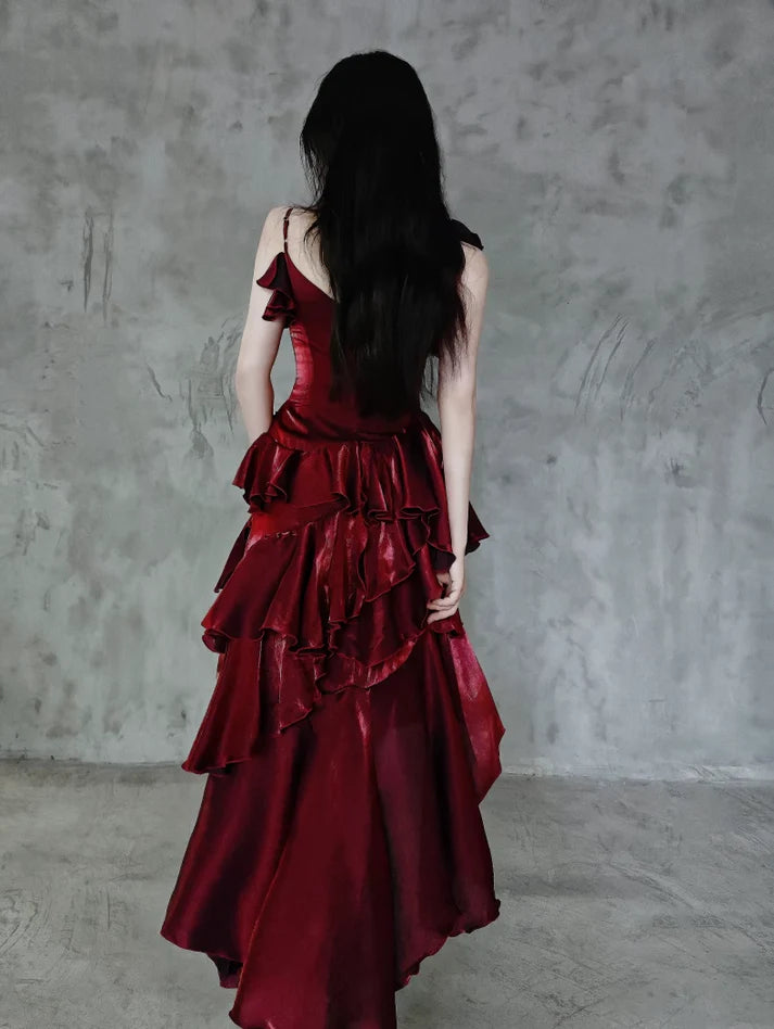Pretty Irregular Ruffle Spaghetti Straps Burgundy Prom Dresses With Flower Long Birthday Dress SH2896