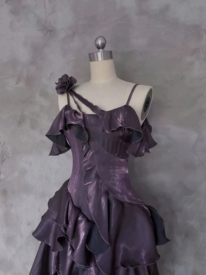 Pretty Irregular Ruffle Spaghetti Straps Grape Prom Dresses With Flower Long Birthday Dress SH2895
