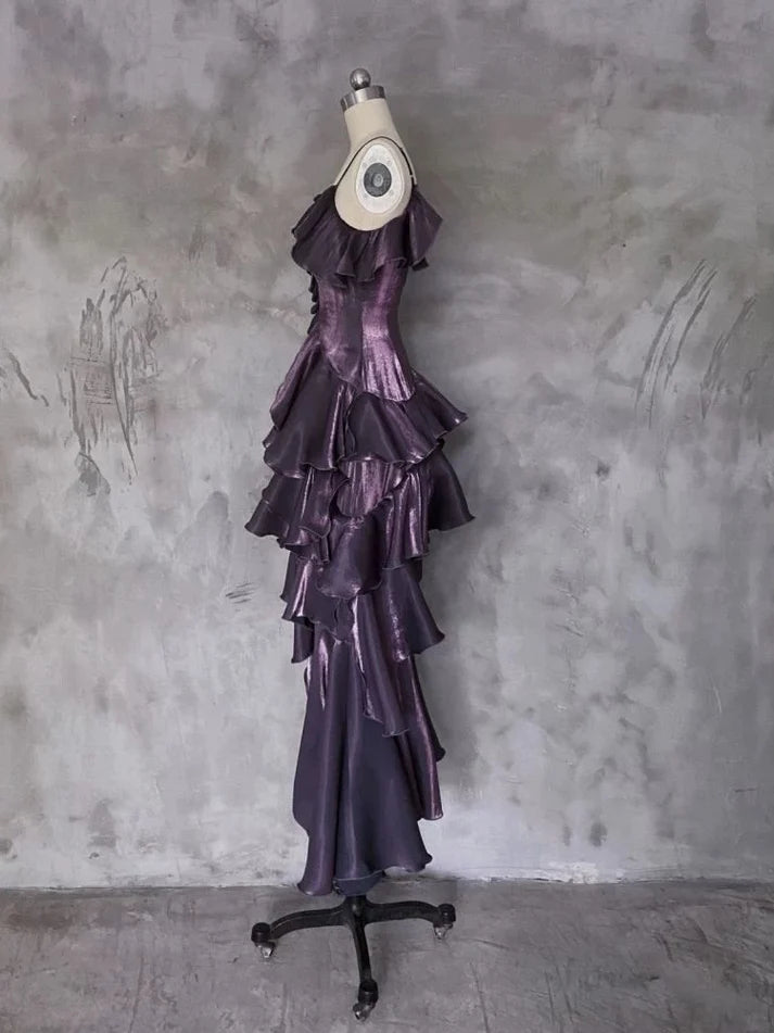 Pretty Irregular Ruffle Spaghetti Straps Grape Prom Dresses With Flower Long Birthday Dress SH2895