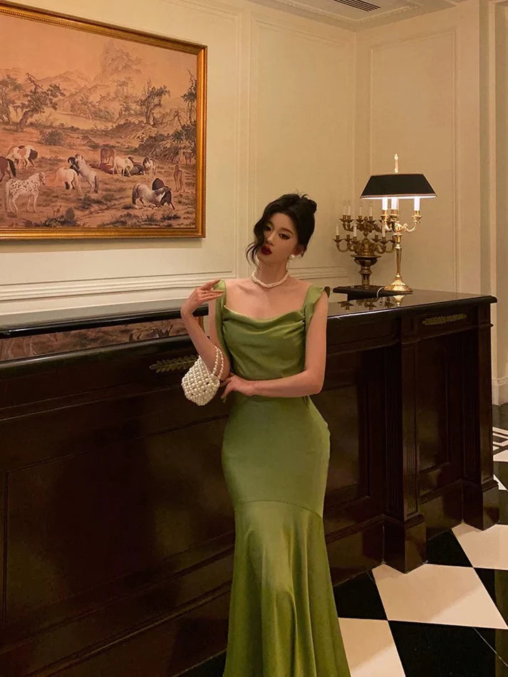 Classy Mermaid Straps Green Satin Long Evening Dresses Birthday Outfits SH2893