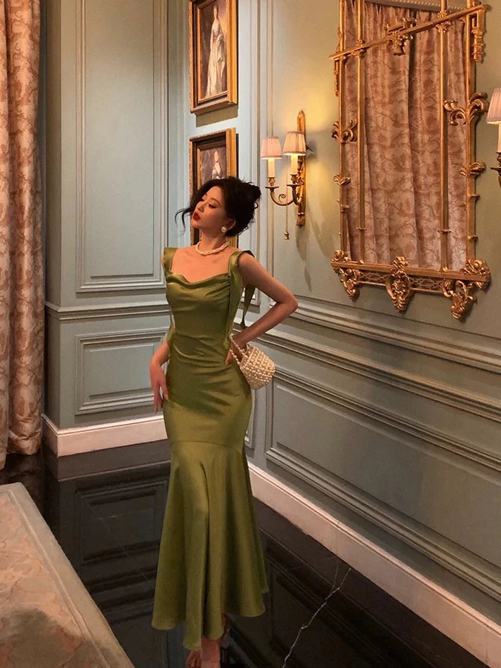 Classy Mermaid Straps Green Satin Long Evening Dresses Birthday Outfits SH2893
