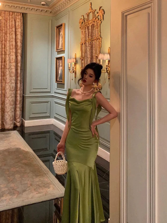 Classy Mermaid Straps Green Satin Long Evening Dresses Birthday Outfits SH2893
