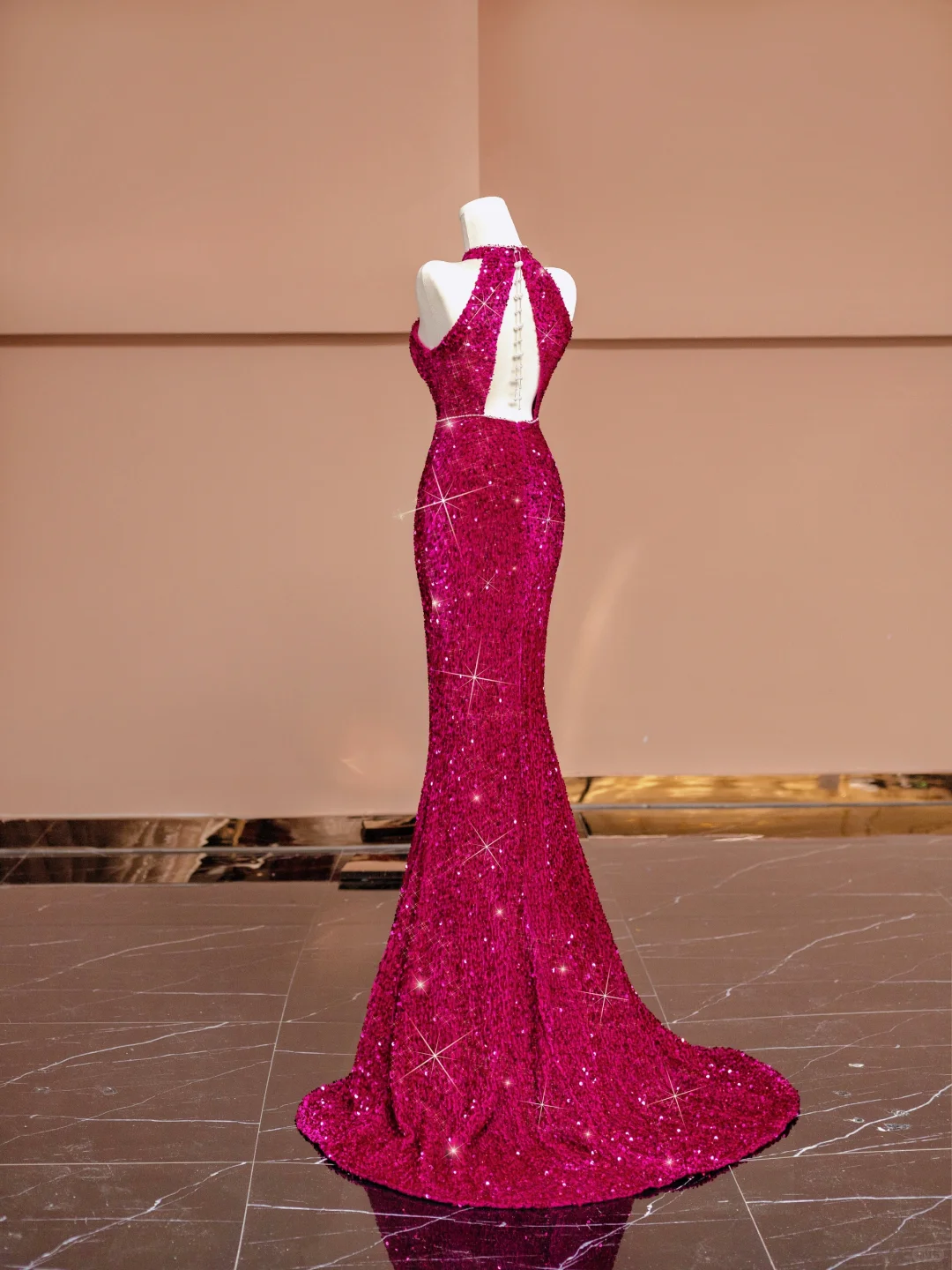 Barbie Pink Mermaid Halter Sequin Open Back Long Prom Dress Party Dress SH4363