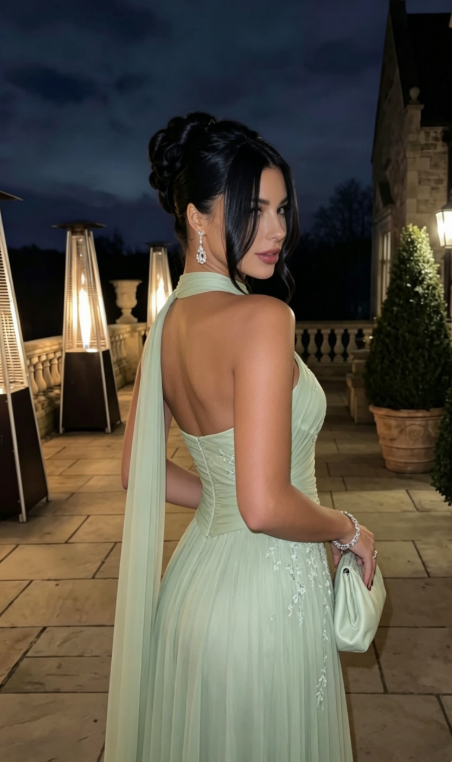 Sage Green A Line One Shoulder Embroidery Chiffon Prom Dress Evening Dress SH5620