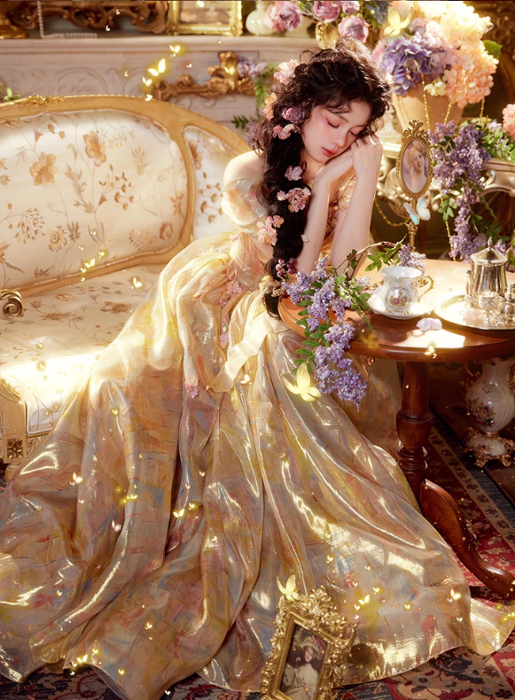 Dreamy Ball Gown Off the Shoulder Corset Golden Tulle Prom Dress 16th Birthday Dress SH4055