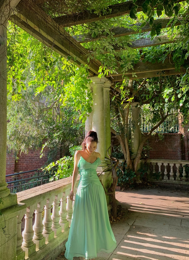 Charming Green A Line Spaghetti Strap Ruffle Chiffon Long Prom Dress Party Dress SH4032