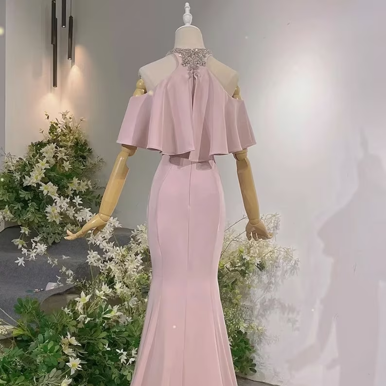 Pink Vintage Off The Shoulder Long Mermaid Prom Dress,Elegant Evening Dress SH642