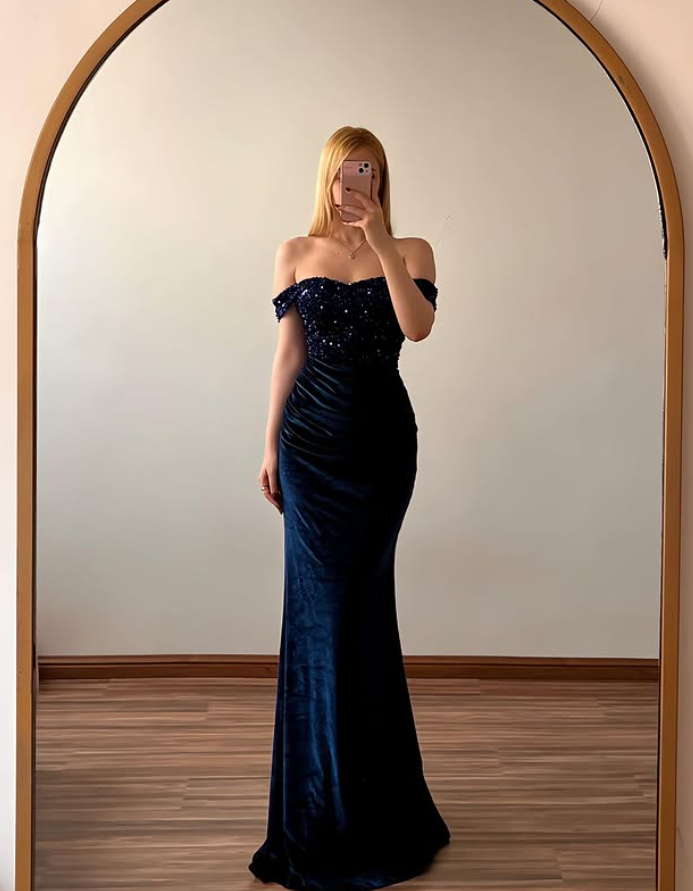 Vintage Navy Blue Mermaid Off the Shoulder Beaded Velvet Prom Dress Evening Dress SH6978
