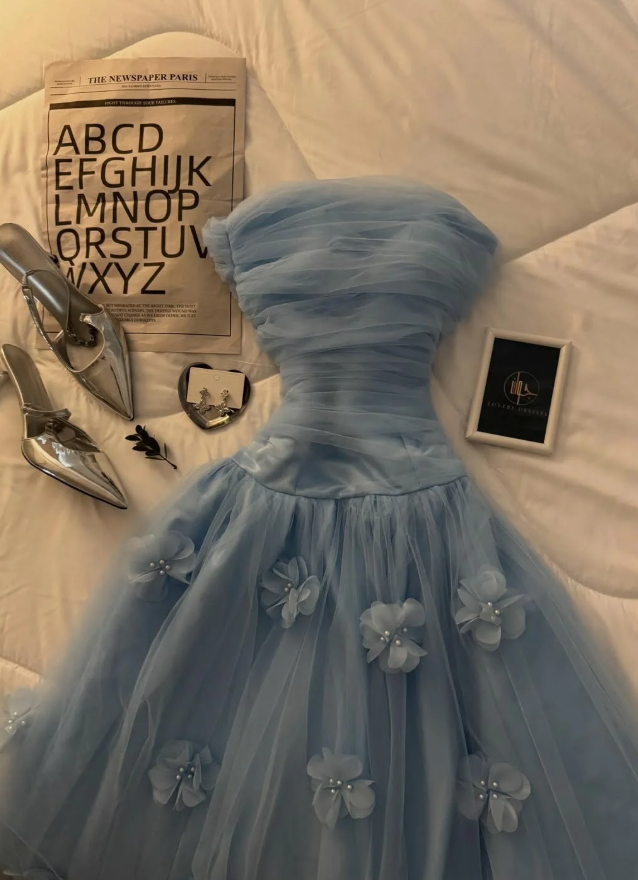 Blue A Line Strapless Simple Floral Tulle Prom Dress Evening Dress SH5528