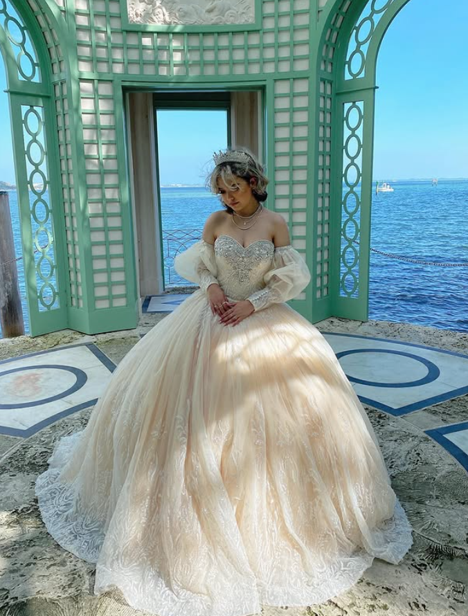 Ivory Beaded Applique Tulle Long Prom Dress Quinceanera Dress Ball Gown SH5185