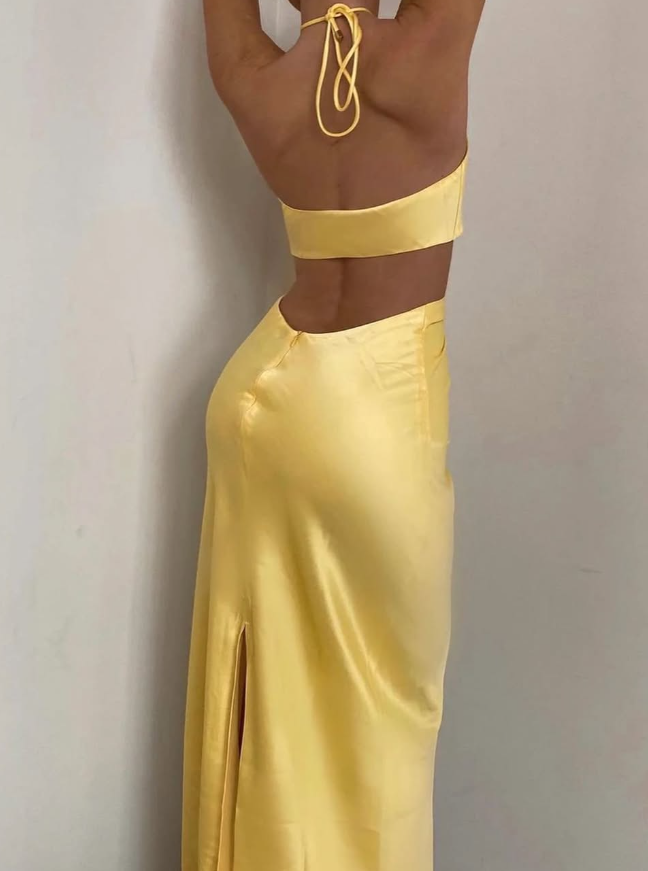 Unique Sheath Spaghetti Strap Yellow Satin Open Back Prom Dress Evening Dress SH2320