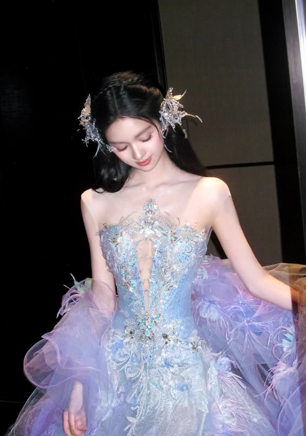 Purple Ball Gown Strapless Beaded Ruffle Tulle Long Sweep Prom Dress 16th Birthday Dress SH4650