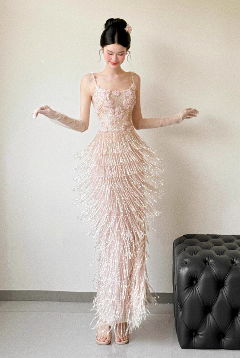 Exquisite Sheath Spaghetti Strap Beaded Tulle Prom Dress Evening Dress Party Dress SH4091