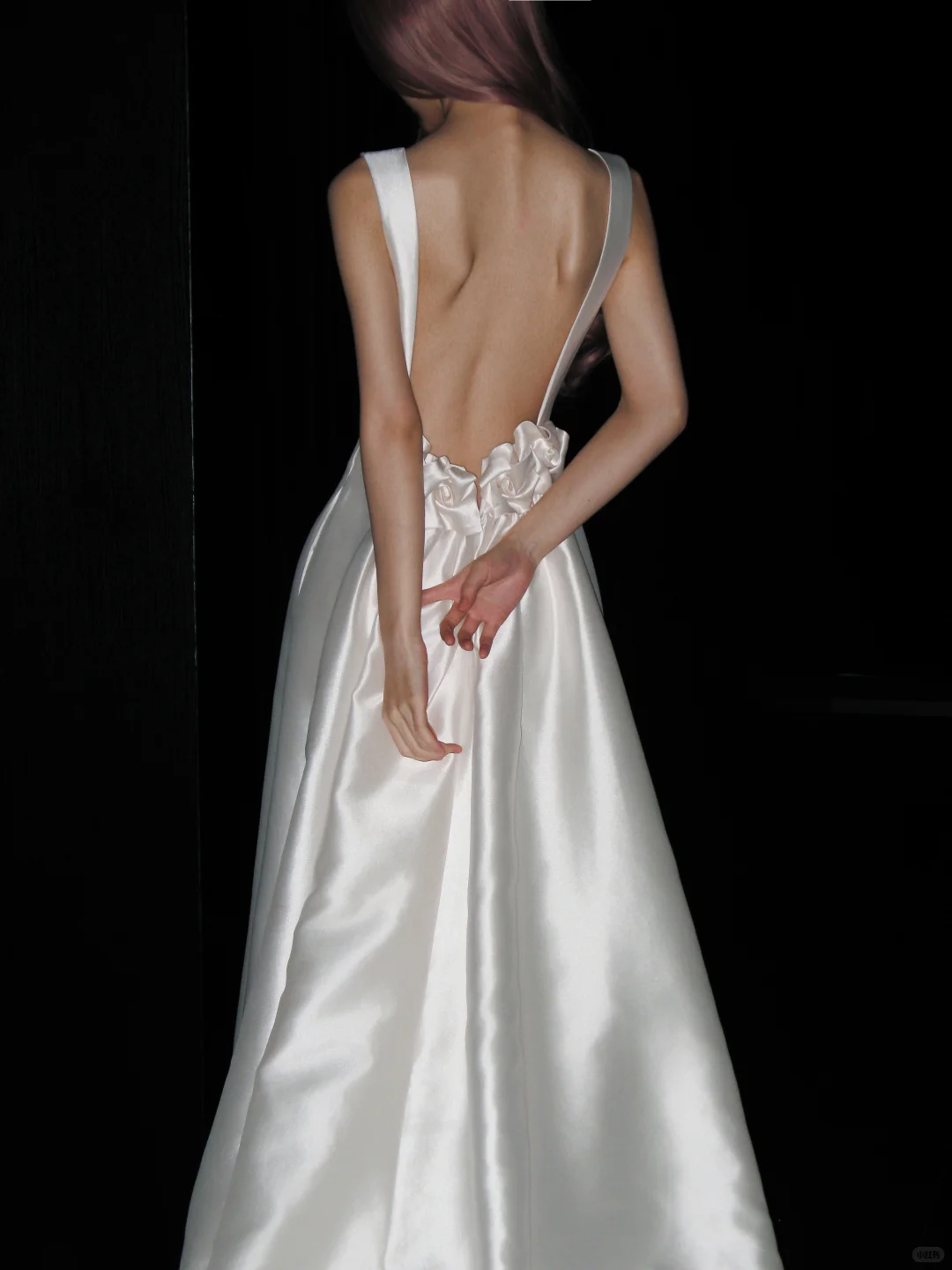 Simple Open Back A Line Round Neck White Satin Long Wedding Dress SH4715