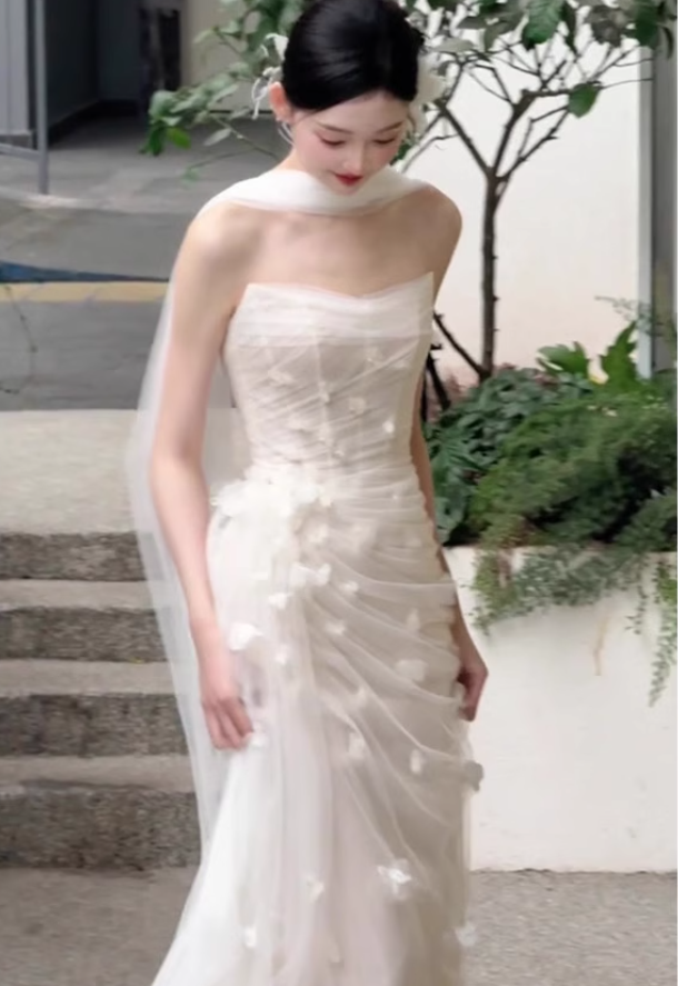 White Sheath Strapless Floral Pleated Tulle Long Prom Dress Wedding Dress SH4199