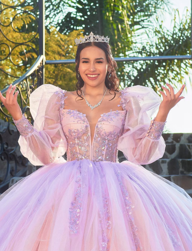 Cute Pink A Line Long Sleeve Flower Tulle Quinceanera Dresses Ball Gown SH2556