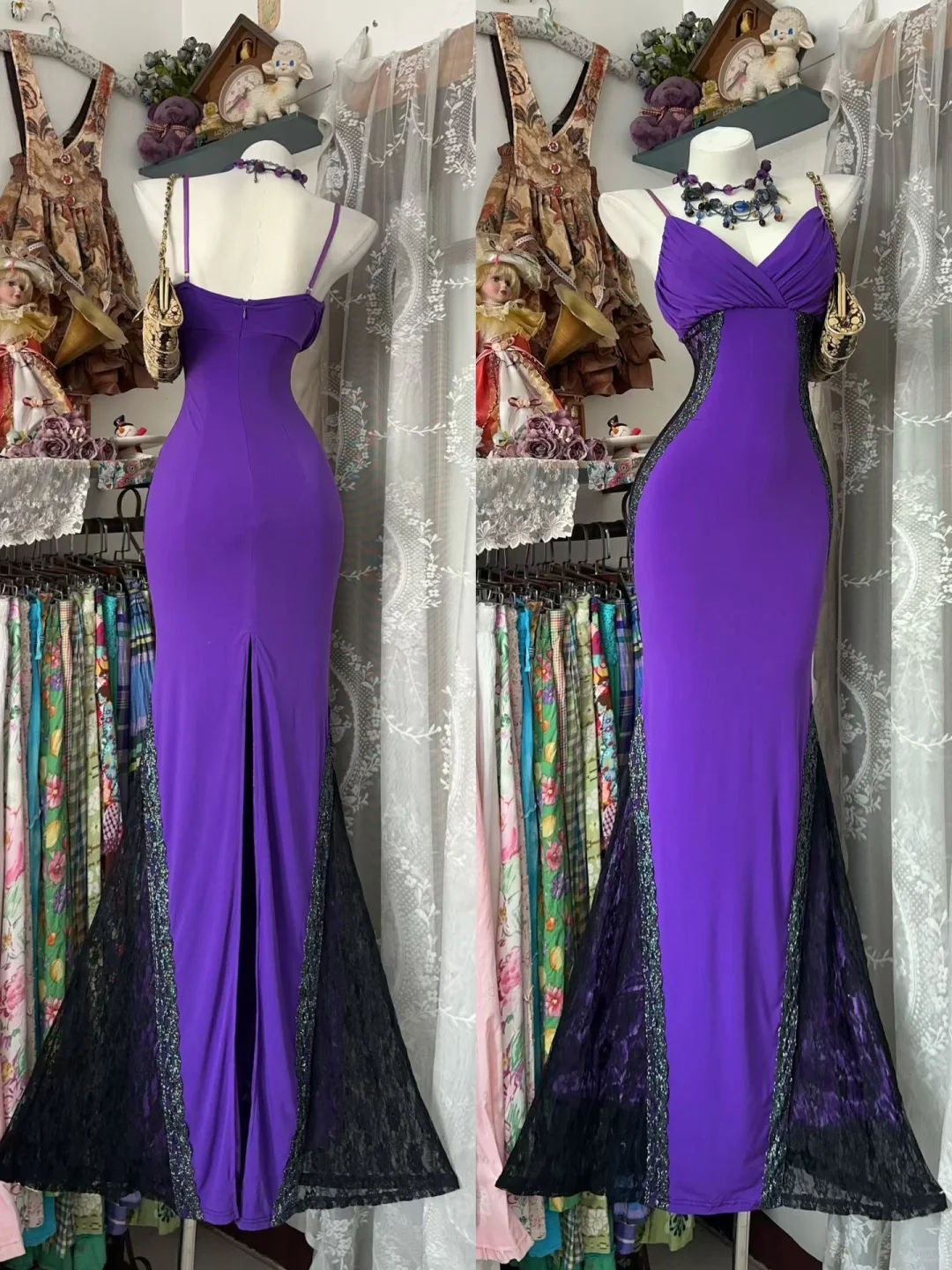 Vintage Sexy Purple Mermaid Straps Black Lace Satin Prom Dress Evening Dress SH5630