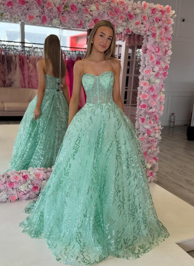 Pretty Green A Line Sweetheart Neck Corset Sequin Tulle Prom Dress Evening Dress SH6648