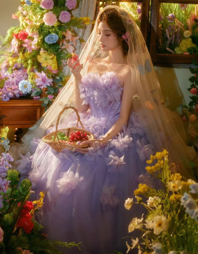 Purple Pretty Ball Gown Strapless Floral Tulle Prom Dress 16th Birthday Dress SH4087