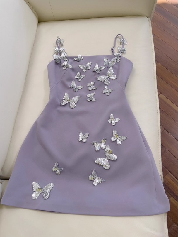 Purple A Line Spaghetti Strap Silver Sequin Butterfly Satin Homecoming Dress SH4501