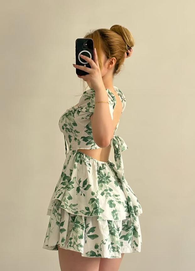 Summer A Line Puff Sleeve Green Print Chiffon Short Prom Dress Homecoming Dress SH6897