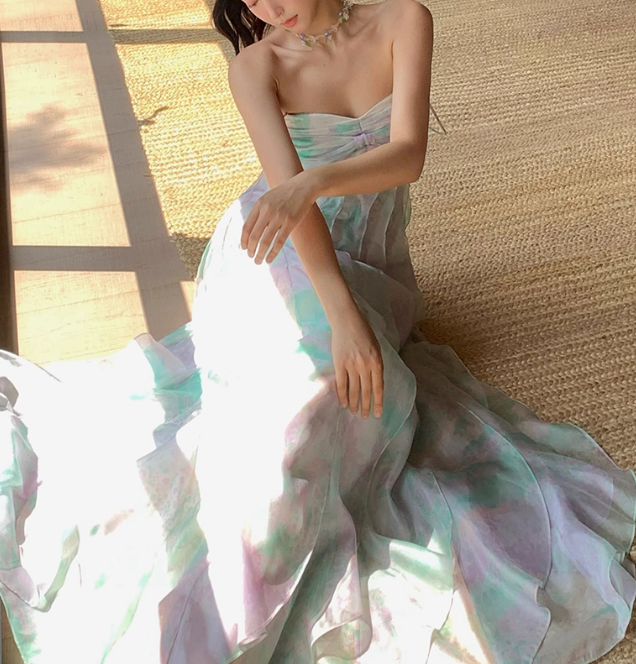 Dreamy Multi-color A Line Strapless Ruffle Chiffon Long Prom Dress Party Dress SH4038