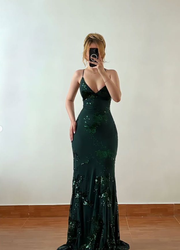 Emerlad Sheath Spaghetti Strap Sequin Satin Prom Dress Evening Dress SH6879