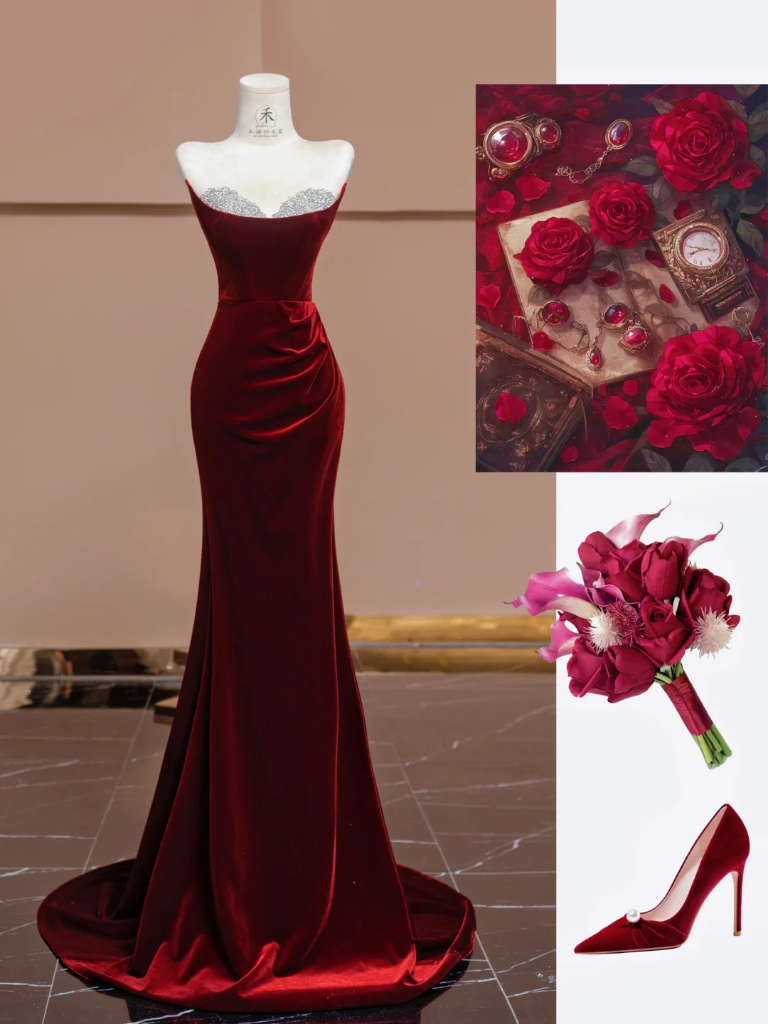 Burgundy Mermaid Strapless Beaded Velvet Long Prom Dress Party Dress SH4368