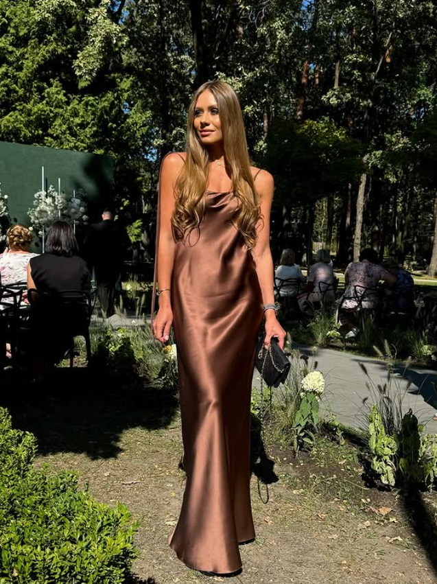 Simple Brown A Line Spaghetti Strap Satin Open Back Prom Dress Wedding Guest Dress SH4448