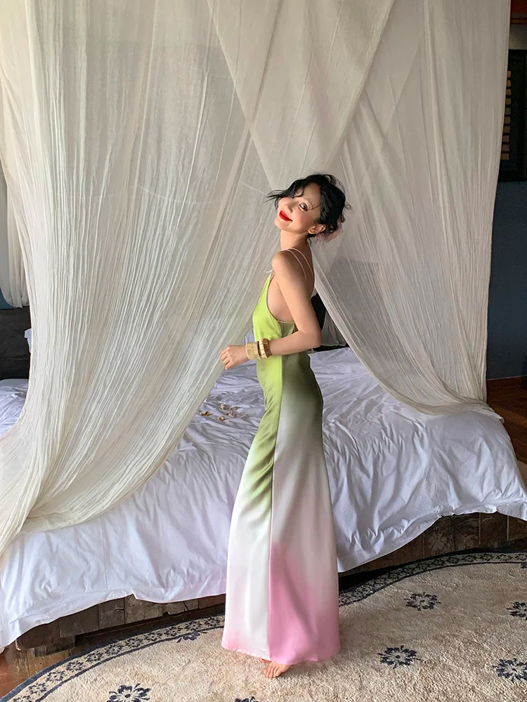 Pink Green Ombre Sheath One Shoulder Satin Long Prom Dress Evening Dress SH4339