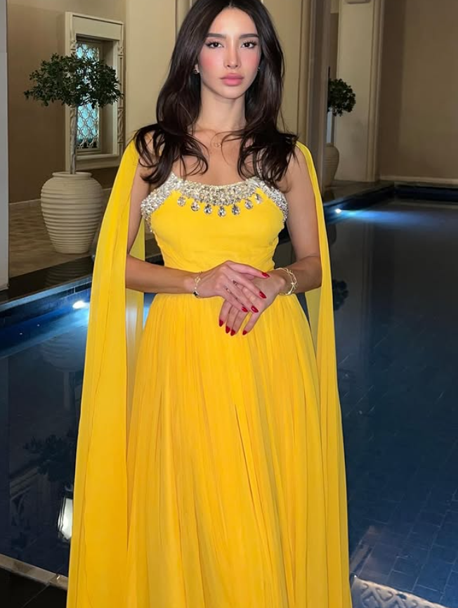 Yellow A Line Spaghetti Straps Rhinestone Chiffon Long Prom Dress Evening Dress SH4266