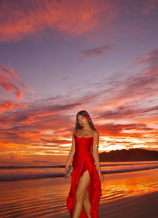 Red Mermaid Spaghetti Strap Ruffle Satin Open Back Prom Dress Vacation Dress with Slit SH4477