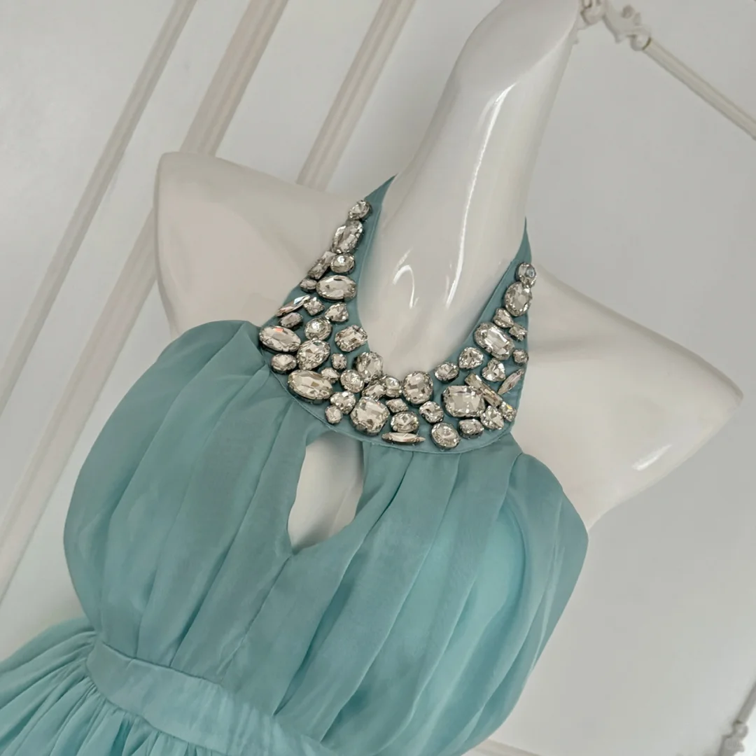 Gentle A Line Halter Rhinestone Blue Chiffon Open Back Homecoming Dress Cocktail Dress SH3086