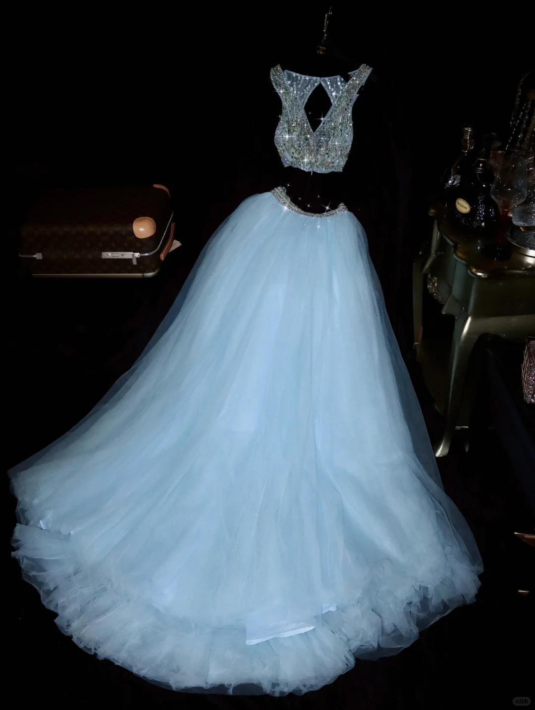 Shiny A Line V Neck Two Piece Beaded Baby Blue Tulle Long Prom Dress Evening Dress SH3141