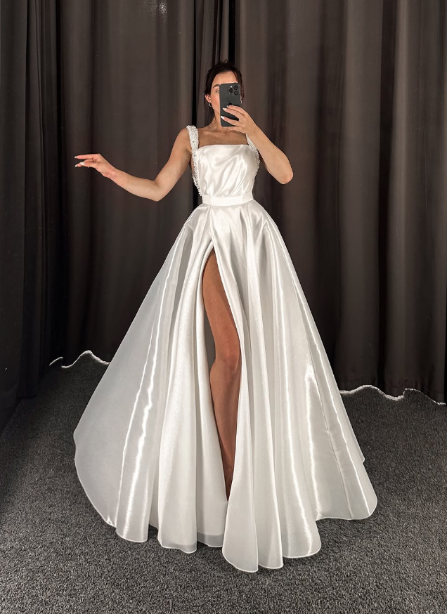 Romantic A Line Spaghetti Strap Beaded White Satin Wedding Dress with Slit SH6185