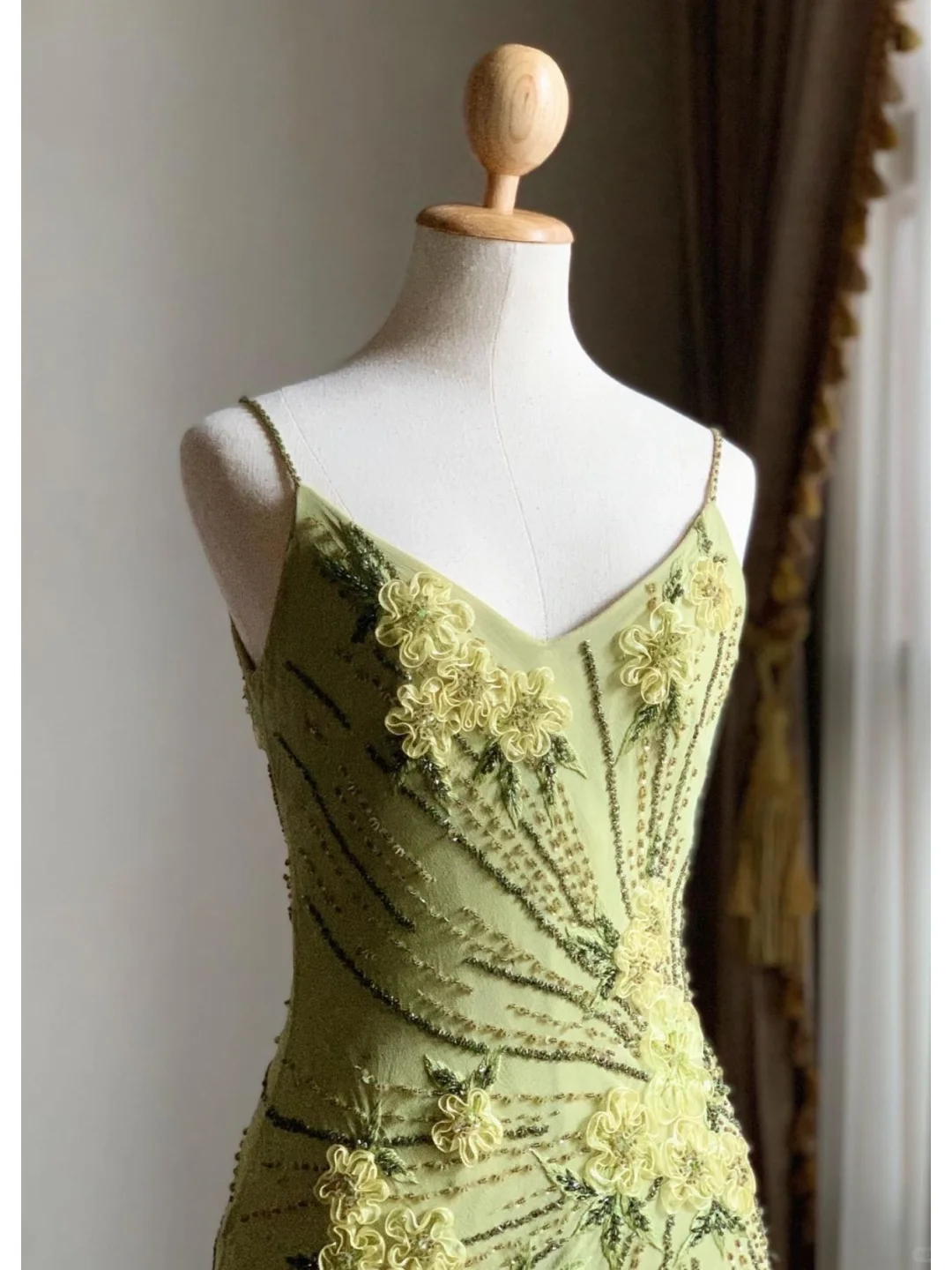 Vintage Mermaid Spaghetti Strap Beaded Flower Chiffon Party Dress Evening Dress SH3344