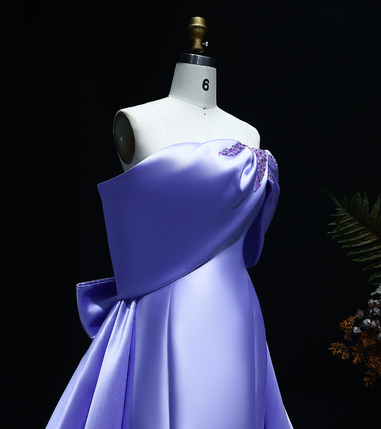 Elegant A Line Off the Shoulder Lilac Beaded Satin Prom Dress Evening Dress with Bow SH2398