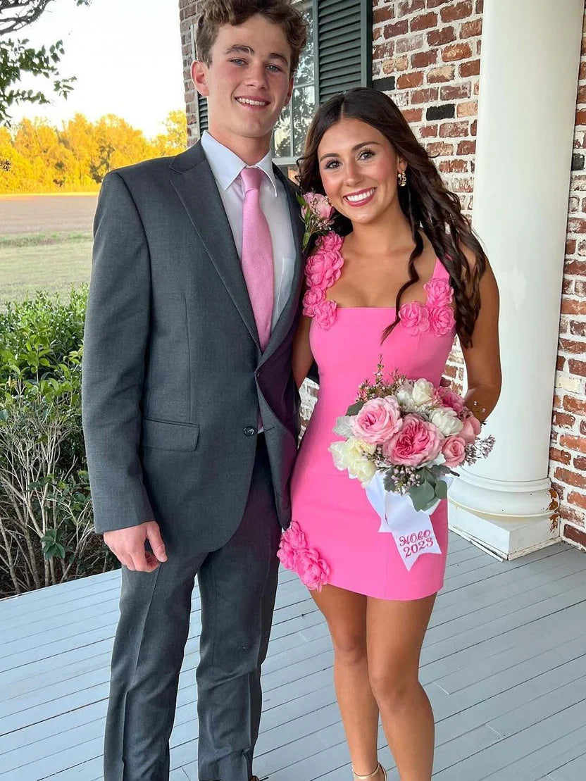Pink Sheath Square Neck Short Homecoming Dress with 3D Flowers SH5927