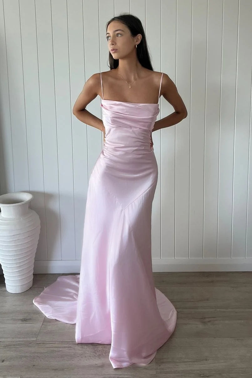 Simple A Line Spaghetti Straps Light Pink Long Prom Dress with Ruched SH7776